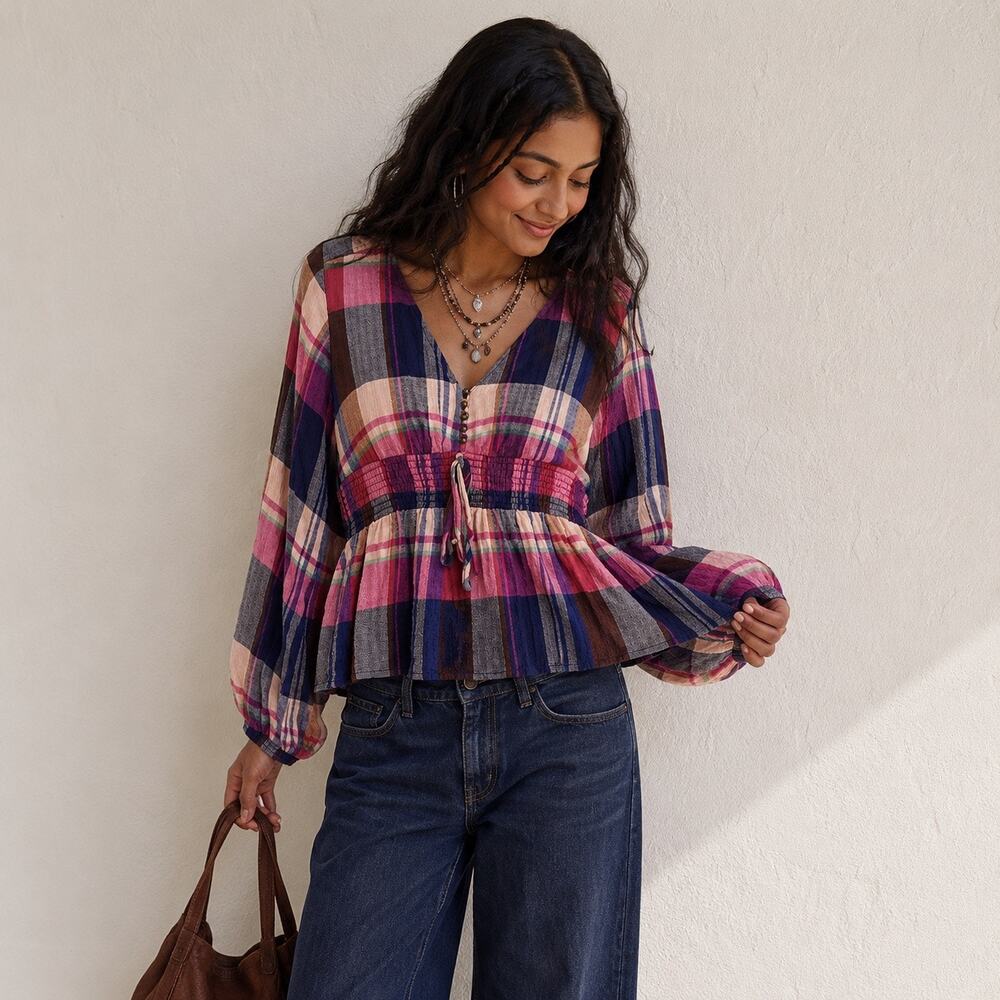 Pilcro Anthropologie Plaid V Neck Smocked Peplum Blouse Small Tie
